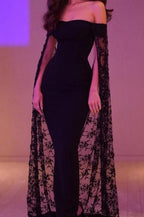 Schwarzes Meerjungfrau-Ballkleid mit Umhang, elegantes Abendkleid Y14