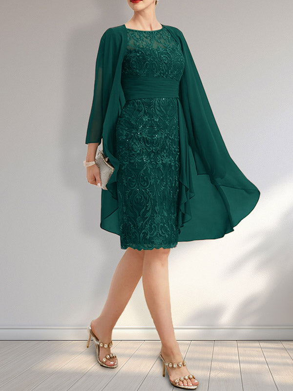 Vestido de madre de la novia de gasa con encaje, escote redondo, ilusión, largo hasta la rodilla, con volantes en cascada y lentejuelas