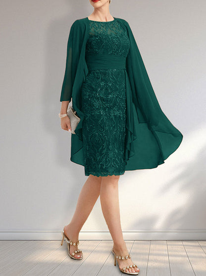 Vestido de madre de la novia de gasa con encaje, escote redondo, ilusión, largo hasta la rodilla, con volantes en cascada y lentejuelas