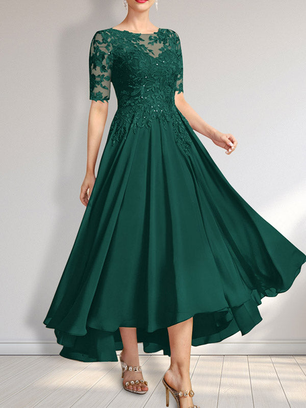 Vestido de madre de la novia de gasa asimétrica con encaje, ilusión, corte A y lentejuelas