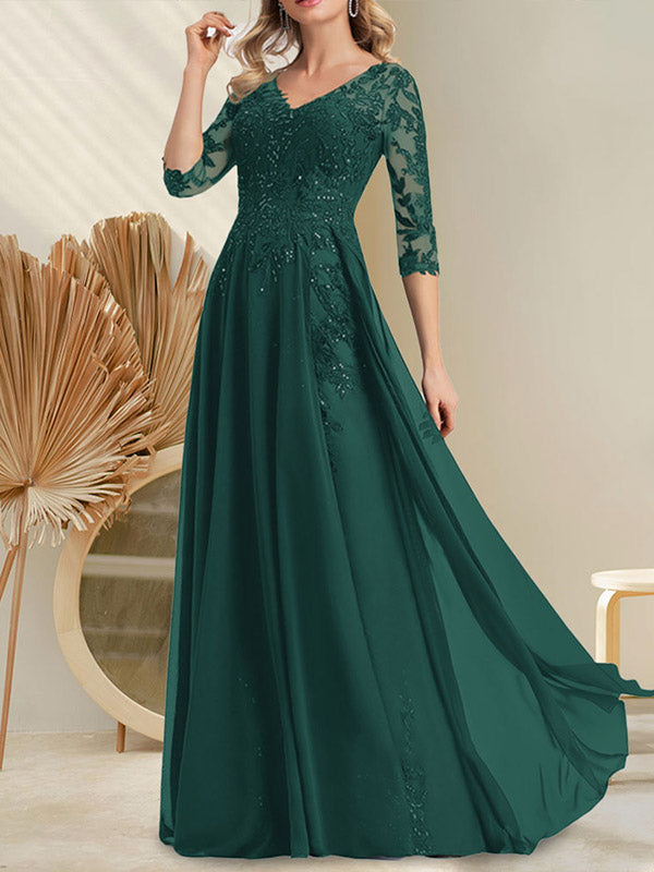 Vestido de madre de la novia de gasa con encaje, escote en V y lentejuelas, largo hasta el suelo