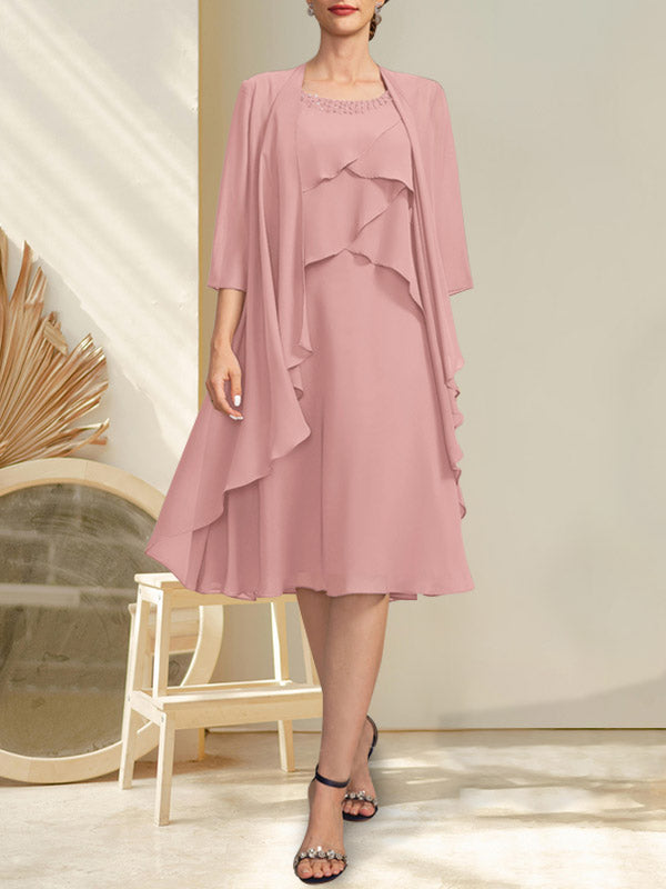 Vestido de gasa para madre de la novia con escote en A y escote redondo hasta la rodilla con cuentas