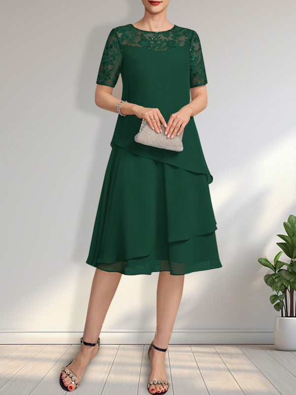 Vestido de gasa con encaje y lentejuelas para madre de la novia, corte A, escote ilusión, largo hasta la rodilla