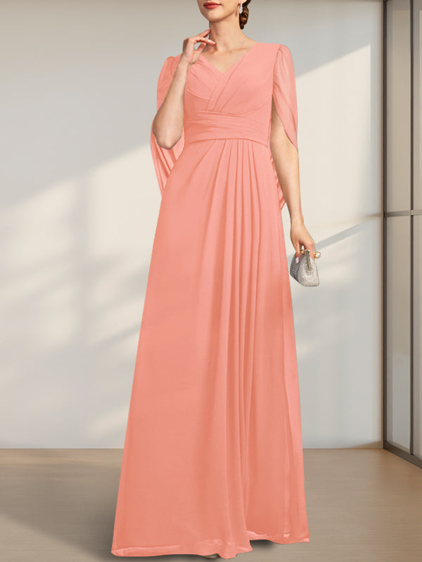 Vestido de gasa para madre de la novia con escote en V, largo hasta el suelo, con pliegues