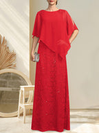 Vestido de madre de la novia de gasa con encaje, escote redondo y largo hasta el suelo, con lentejuelas y abalorios