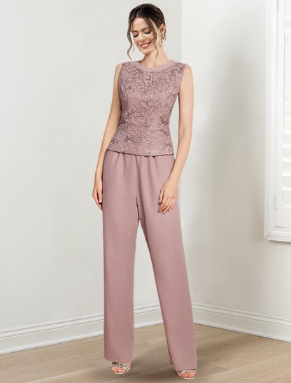 Chiffon-Hosenanzug mit Rundhalsausschnitt und Jacke für die Mutter der Braut 