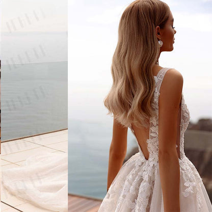 Popular V-neck Lace Applique A Line Wedding Dresses Backless Side Slit Custom Made Formal Bridal Grown 2024-payinti