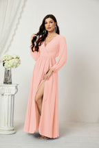Vestidos de noche Sunnderly con escote en V profundo, gasa, para dama de honor, manga larga de obispo, abertura lateral, vestido formal SY2806 