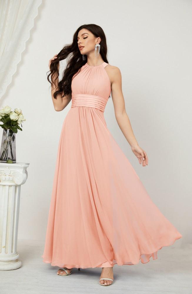 Vestido formal de fiesta Sunnderly de gasa con cuello halter, largo y sin mangas, para dama de honor SY2802 