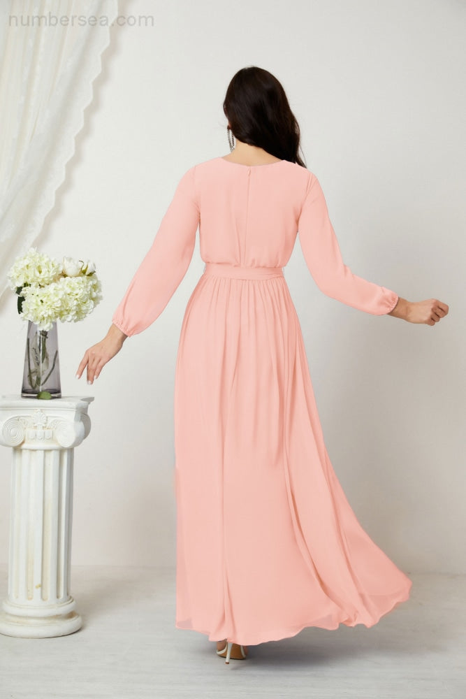 Vestidos de noche Sunnderly con escote en V profundo, gasa, para dama de honor, manga larga de obispo, abertura lateral, vestido formal SY2806 