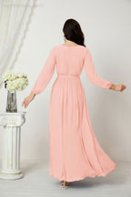 Vestidos de noche Sunnderly con escote en V profundo, gasa, para dama de honor, manga larga de obispo, abertura lateral, vestido formal SY2806 