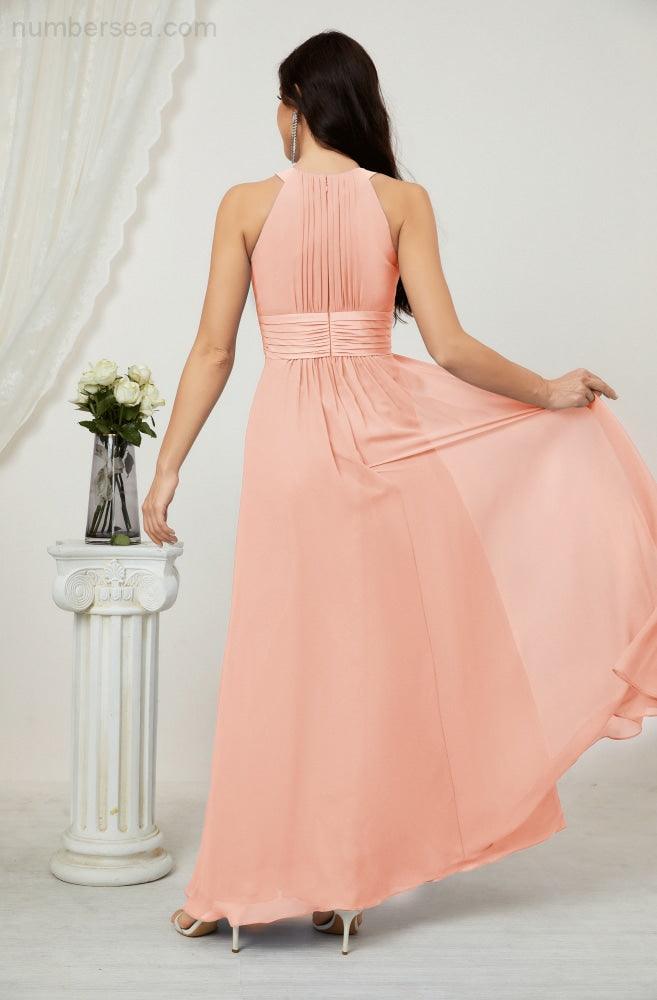 Vestido formal de fiesta Sunnderly de gasa con cuello halter, largo y sin mangas, para dama de honor SY2802 