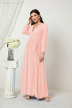 Vestidos de noche Sunnderly con escote en V profundo, gasa, para dama de honor, manga larga de obispo, abertura lateral, vestido formal SY2806 