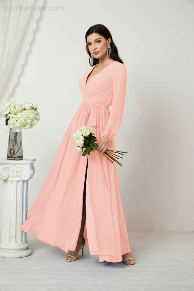 Vestidos de noche Sunnderly con escote en V profundo, gasa, para dama de honor, manga larga de obispo, abertura lateral, vestido formal SY2806 