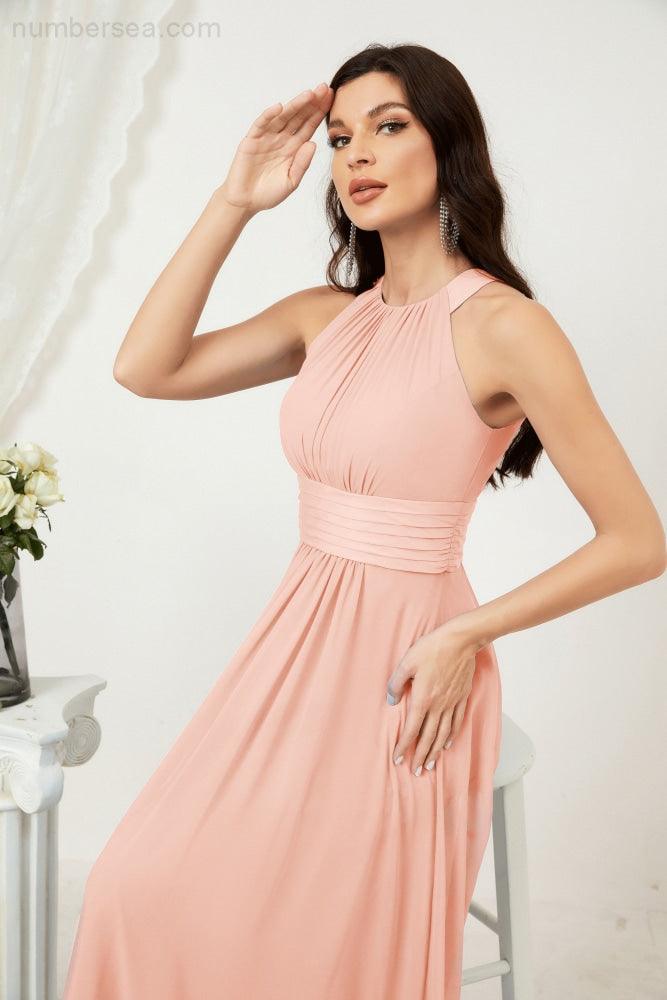 Vestido formal de fiesta Sunnderly de gasa con cuello halter, largo y sin mangas, para dama de honor SY2802 