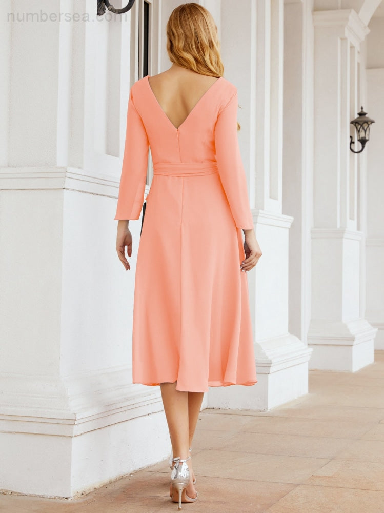 Vestido de dama de honor con escote en V y cinturón para madre de la novia, invitada de boda SY28031 