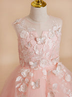Duchesse-Linie/Princess-Linie Tüll Asymmetrisch Rosa Blumenmädchenkleid 