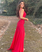 Mermaid One Shoulder Beaded Jersey Prom Dress with Slit