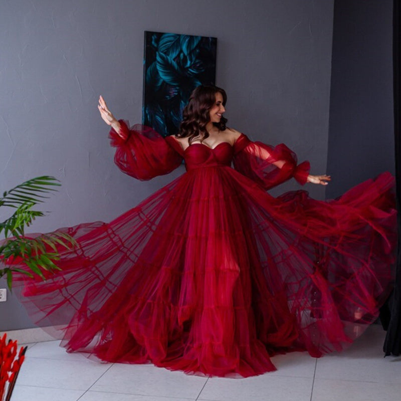 Oversized skirt fluffy soft yarn stitching maternity wear, sweetheart collar maternity party dress