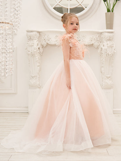 Ball-Gown/Princess Tulle Sweep Train Pink Flower Girl Dress