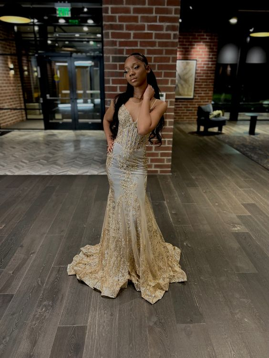 Vestido de noche estilo sirena dorado con corsé bordado de princesa Y5887