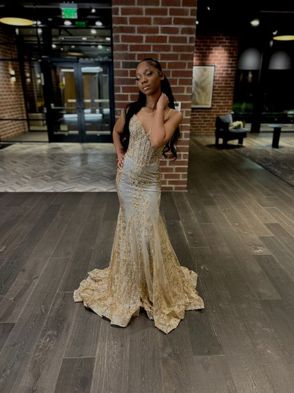 Vestido de noche estilo sirena dorado con corsé bordado de princesa Y5887