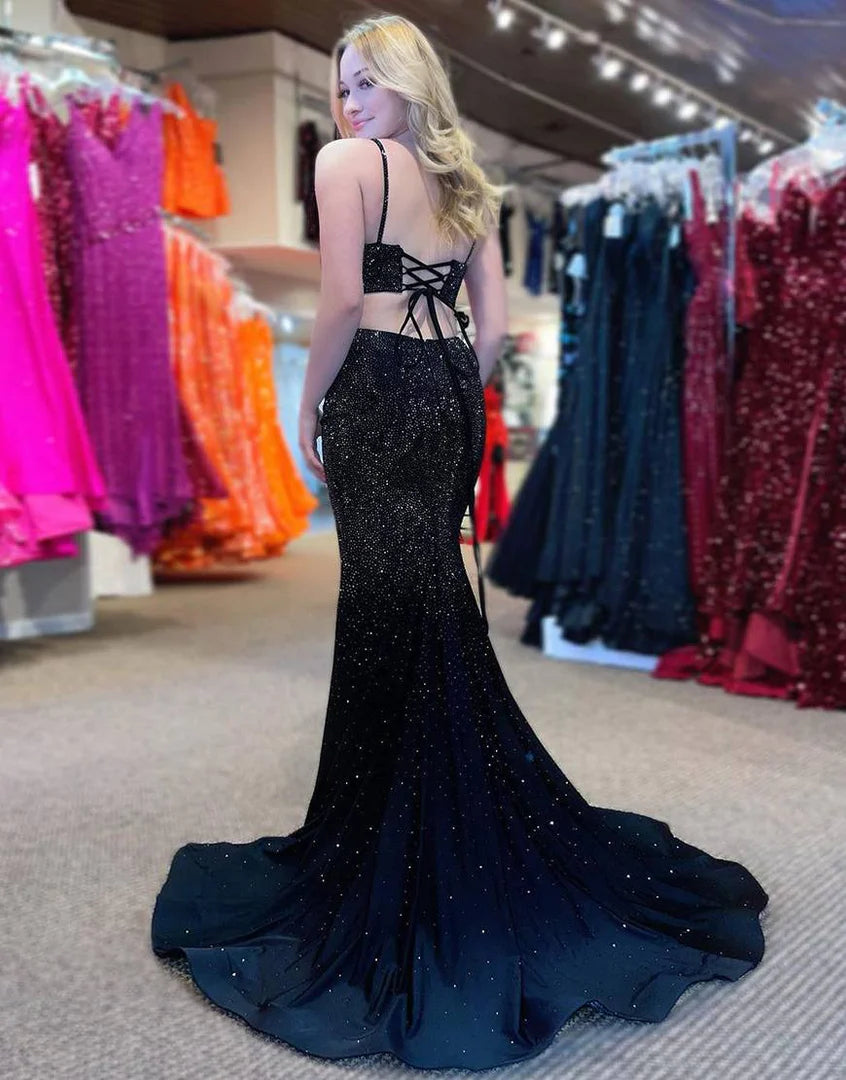 Royal Blue Beaded High Slit Mermaid Prom Dress SYP104