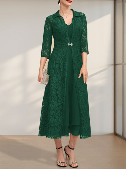 A-Linie V-Ausschnitt Wadenlanges Chiffonkleid für die Brautmutter