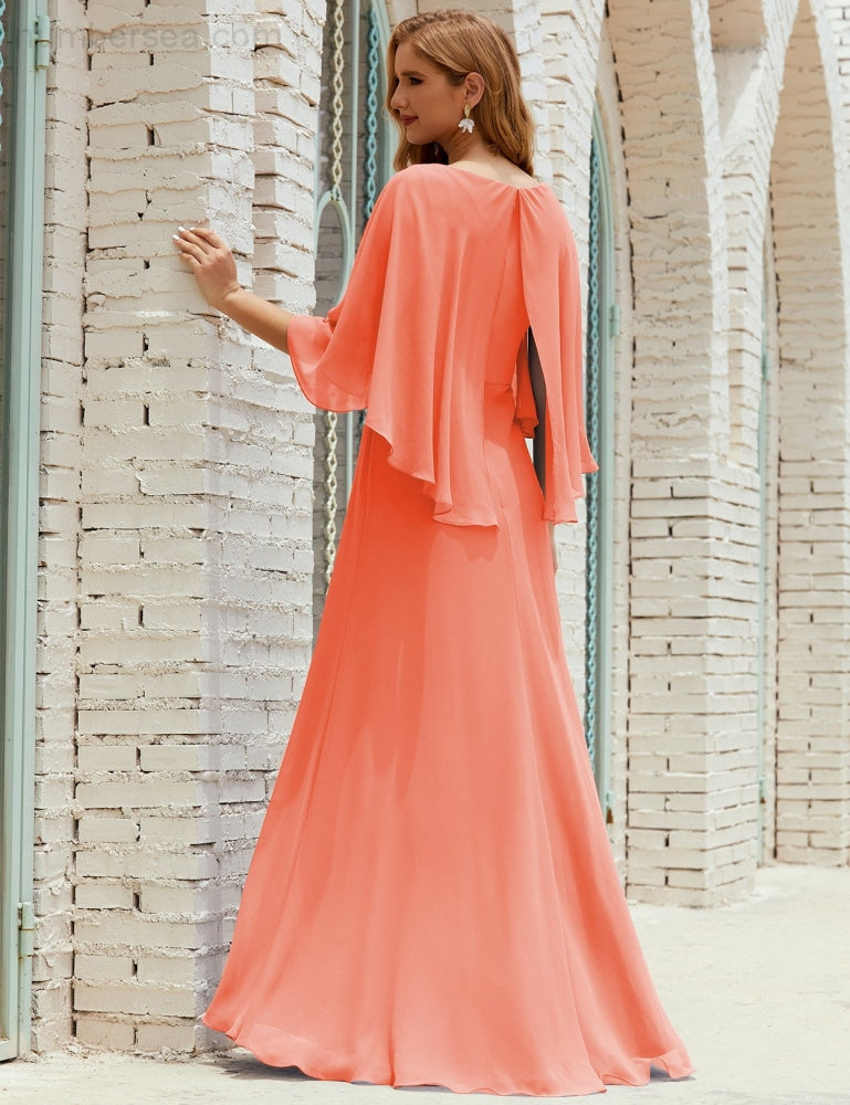 Vestido de dama de honor Sunnderly para mujer, de gasa, manga larga y cuello en V, vestido formal para boda o fiesta SY28018 