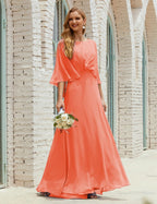 Vestido de dama de honor Sunnderly para mujer, de gasa, manga larga y cuello en V, vestido formal para boda o fiesta SY28018 