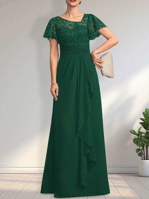 A-line Asymmetrical Illusion Floor-Length Lace Chiffon Mother of the Bride Dress With Cascading Ruffles Sequins