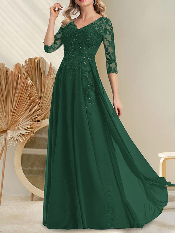 A-Linie V-Ausschnitt Bodenlanges Spitzenchiffonkleid für die Brautmutter mit Pailletten