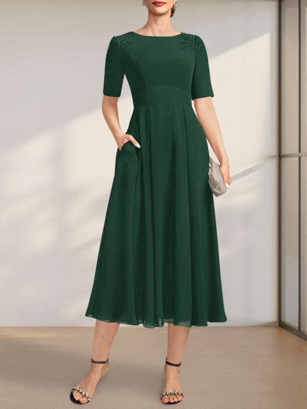 Vestido de gasa para madre de la novia, corte A, escote redondo, largo hasta la rodilla, con apliques de encaje y lentejuelas