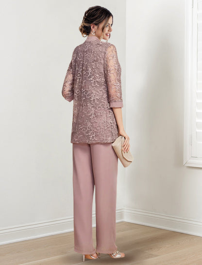 Chiffon-Hosenanzug mit Rundhalsausschnitt und Jacke für die Mutter der Braut 