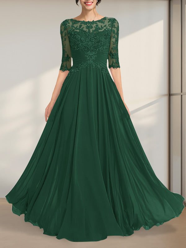 Vestido de gasa de encaje con escote en A y ilusión hasta el suelo para madre de la novia con lentejuelas plisadas