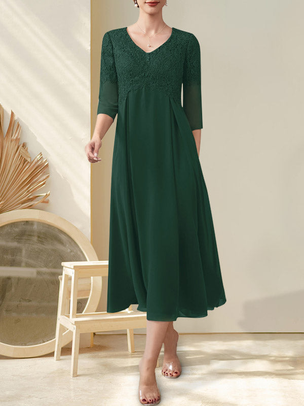 A-Linie V-Ausschnitt Wadenlanges Chiffon-Spitzenkleid für die Brautmutter mit Perlenbesatz
