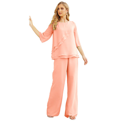 Sunnderly Chiffon Mother of The Bride Dress Plus Size Pant Suits Ruffle Layers