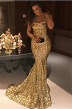 Elegante vestido de fiesta de noche largo sin tirantes con lentejuelas y sirena