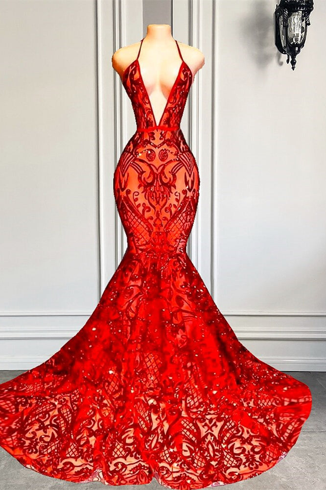 Vestido de fiesta de sirena con cuello en V profundo y espalda abierta, sexy, de encaje