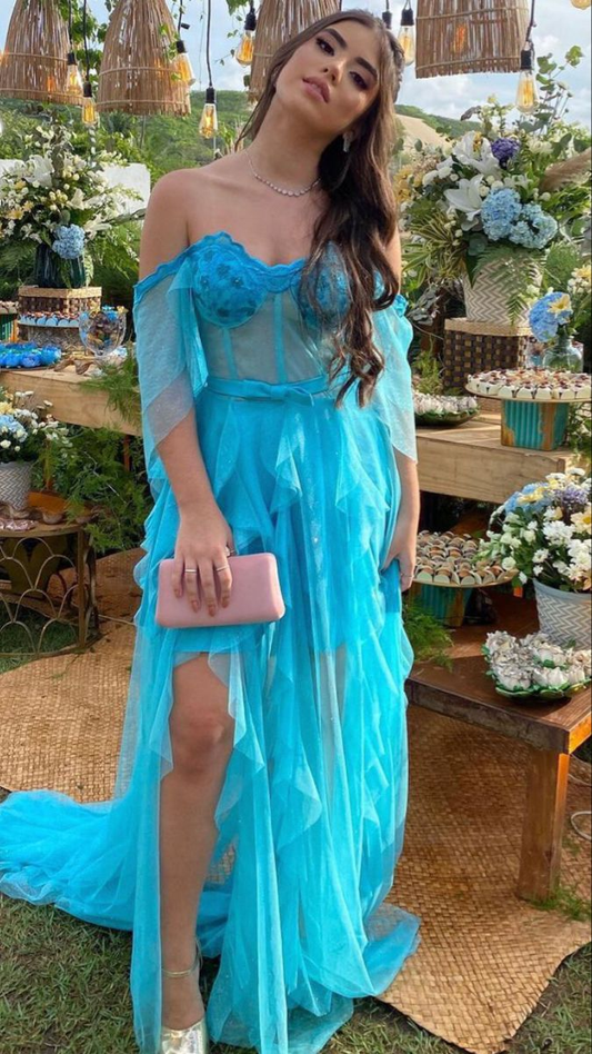 Schulterfreies, langes blaues Ballkleid, charmantes blaues Abendkleid Y2395