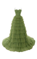 Elegantes Spaghettiträger Tüll Ballkleid, Olivgrünes Abendkleid Y1244