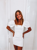 Vestido blanco de fiesta con mangas abullonadas, Y2276