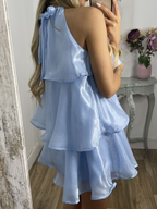 Vestido corto de fiesta con capas y cuello halter de organza azul sencillo, vestido de regreso a casa Y8089