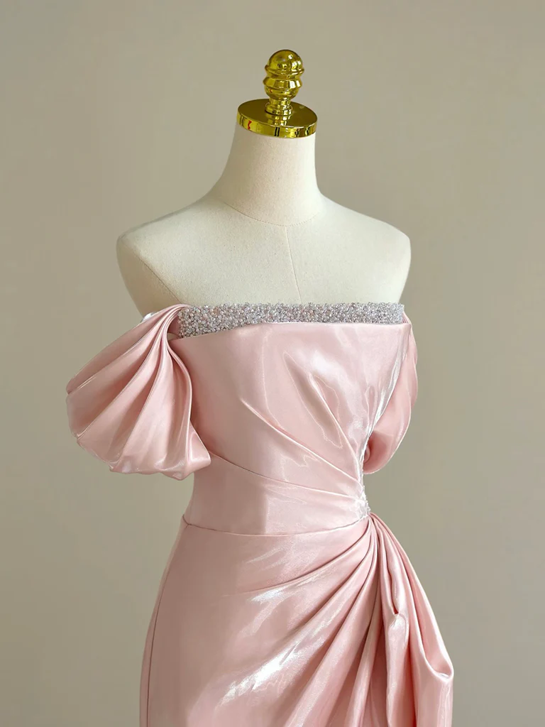 Hübsches schulterfreies langes rosa Ballkleid, formelles Abendkleid mit Perlen, Y8049