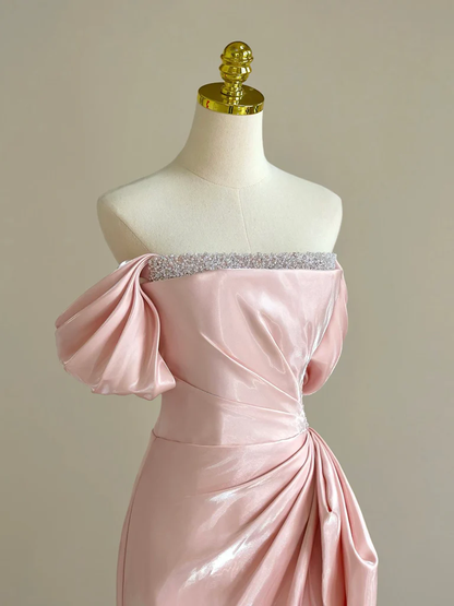 Hübsches schulterfreies langes rosa Ballkleid, formelles Abendkleid mit Perlen, Y8049