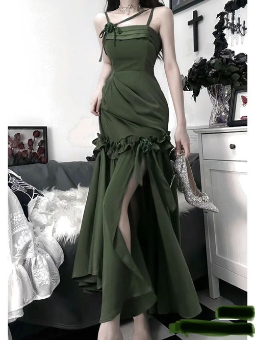 Vestido de fiesta elegante de sirena con tirantes finos en verde y vestido de noche verde Y5182