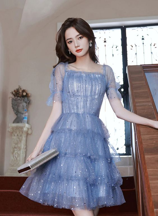 Vestido formal de tul azul con capas cortas, vestido de fiesta azul con hombros descubiertos Y1975