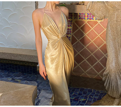 Sexy Neckholder V-Ausschnitt Partykleid Champagner Gold Abschlussball Abendkleid Y8211