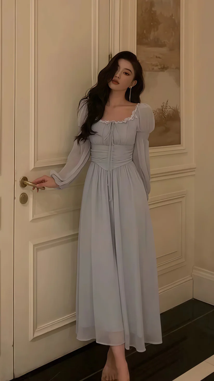 Graues Chiffon-Partykleid mit langen Ärmeln und Spitze, elegantes Abschlussball-/Abendkleid Y8021