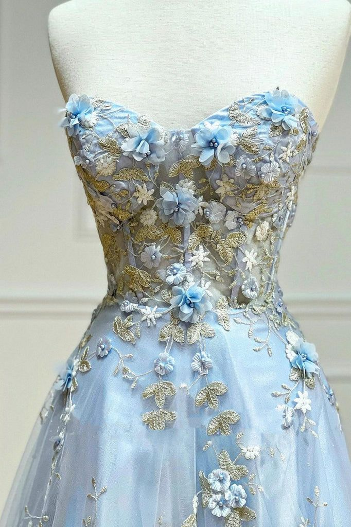 Blaues Tüll-Applikationen, langes Ballkleid, A-Linie, trägerlos, Abendkleid Y6565